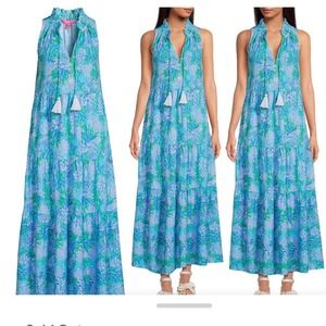 Lilly Pulitzer Maxi Dress Large Malone Floral Cotton Las Olas Blue Cottagecore